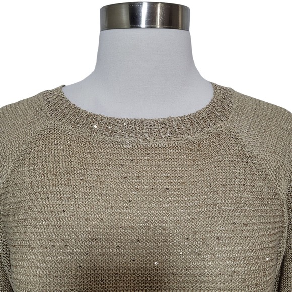 Sioni Women's Beige Metallic Sequin Long Sleeve Open Knit Sweater Size Small - Picture 2 of 9